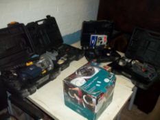 A SELECTION OF BOXED DIY POWER TOOLS INCLUDING A ROUTER AND AN INDUSTRIAL FREUD MORTICEU ETC.