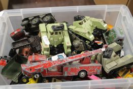 A TUB OF PLAYWORN DIECAST VEHICLES to include military vehicles, fire engines etc.