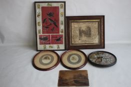 A BEAD PICTURE OF BIRDS, together with a circular floral bead / tapestry picture, a print on