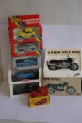A POLISTIL BMW R75/5 together with two boxed Polistil VW CE55, two boxed Wiking VWs (blue and