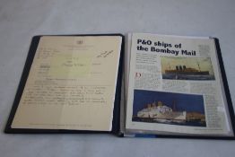 A FOLDER OF PHOTOGRAPHS AND ARTICLES ON THE 'MOOLTAN' AND 'MALOJA' SHIPS, to include copyright