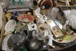 TWO TRAYS OF CERAMICS AND SUNDRIES to include a pewter teapot (trays not included)