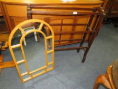AN EDWARDIAN MAHOGANY TOWEL RAIL TOGETHER WITH A MODERN MIRROR (2)