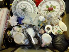 FOUR TRAYS OF ASSORTED CERAMICS TO INCLUDE MINTON HADDON HALL, PORTMEIRION CLOCKS ETC.
