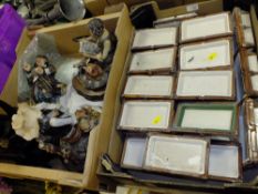 A TRAY OF SNOOKER TABLE ASH TRAYS AND A BOX OF CAPODIMONTE FIGURES