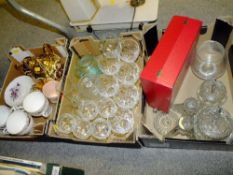 TWO TRAYS OF CRYSTAL AND CUT GLASS TOGETHER WITH A SMALL TRAY OF CERAMICS