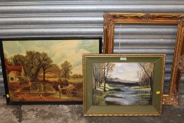 A FRAMED OIL OF A WOODED RIVER SCENE SIGNED E CRUTCHLOW 1973 - OVERALL SIZE 41.5CM X 51.5CM TOGETHE
