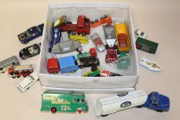 A BOX OF VINTAGE MAINLY METAL PLAY WORN CARS ETC.