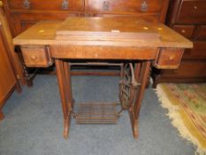 AN OAK TREADLE SEWING MACHINE BASE - NO SEWING MACHINE