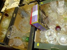 THREE TRAYS OF GLASSWARE AND CRYSTAL ITEMS TO INCLUDE A PAIR OF WATERFORD VASES