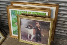 A QUANTITY OF LARGE FRAMED AND GLAZED PICTURES AND PRINTS TO INCLUDE IMPRESSIONIST SCENES AND CLASS