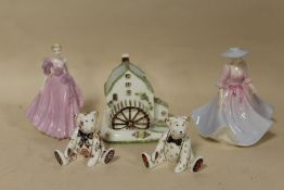 TWO ROYAL CROWN DERBY BEARS, TWO COALPORT FIGURINES AND A COALPORT COTTAGE