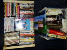 A TRAY OF BOOKS TOGETHER WITH A TRAY OF DVDS