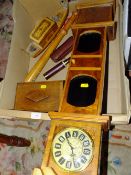 A BOX OF TREEN TO INCLUDE WOODEN CLOCKS AND A WOODEN CHAIR