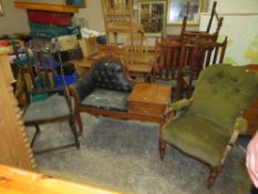 A VICTORIAN MAHOGANY GENTLEMANS CHAIR A/F TOGETHER WITH A BARLEYTWIST ARMCHAIR AND A TELEPHONE TABL