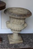 A STONEWARE CAMPANA GARDEN URN WITH MAST DETAIL - H 64 CM