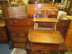 A LARGE OAK LETTER RACK, BED TABLE, OCCASIONAL TABLE, OAK BOX ETC (7)