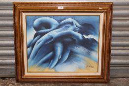 A FRAMED MODERNIST OIL ON CANVAS SIGNED LOWER RIGHT - OVERALL SIZE 57.5CM X 68CM