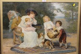 A LARGE FRAMED AND GLAZED CLASSIC VICTORIAN SCENE PRINT OF A FAMILY SCENE WITH PUPPIES IN A BASKET