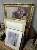 A COLLECTION OF PICTURES, PRINTS AND FRAMES TO INCLUDE A LARGE GILT FRAMED PRINT OF A FRENCH HARBOU