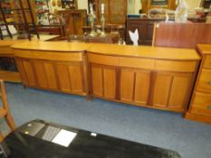 A PAIR OF 'NATHAN' MODERN TEAK BOW-FRONTED SIDEBOARDS H-81 W-135 D-49 CM (2)