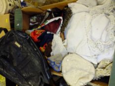 A TRAY OF ASSORTED LINEN, GLOVES, SCARVES AND BAGS ETC.