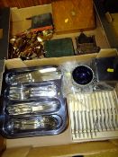 TWO TRAYS OF FLATWARE, METALWARE ETC. TOGETHER WITH AN EMPTY CANTEEN