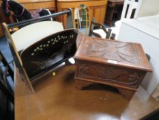 A SMALL CARVED OAK LIDDED BOX TOGETHER WITH A RETRO MAGAZINE RACK (2)