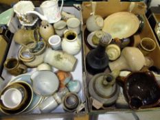 TWO TRAYS OF STUDIO POTTERY TOGETHER WITH TWO SMALL TRAYS OF CERAMICS