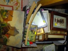 A TRAY OF PICTURES, PRINTS AND FRAMES TO INCLUDE AN OIL ON BOARD OF A CHURCH