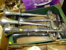 A BOX OF VINTAGE TRUCK AIR HORNS