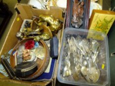 A TRAY OF COLLECTABLES TOGETHER WITH A TRAY OF FLATWARE