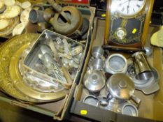 TWO TRAYS OF METALWARE TO INCLUDE A WALL CLOCK