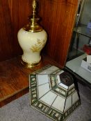 A TIFFANY STYLE HEXAGONAL LAMP SHADE, DIA. 45CM, (A/F, RESTORATION TO GLASS PANELS) TOGETHER WITH A