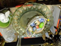 THREE TRAYS OF CERAMICS AND GLASS ETC. TO INCLUDE WEDGWOOD, CROWN STAFFS ETC.