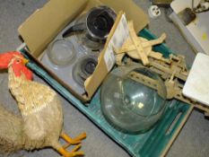 A TRAY OF SUNDRIES TO INCLUDE VINTAGE SCALES