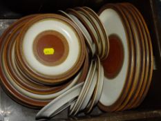 A TRAY OF DENBY POTTERS WHEEL BROWN PATTERN CERAMICS