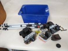 TWO VINTAGE RUSSIAN ZORKI-4 CAMERAS AND ACCESSORIES TO INCLUDE A TRIPOD TOGETHER WITH A WWI BRASS C