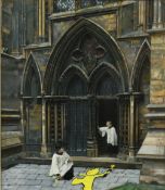 MODIFIED ART IN THE STYLE OF BANKSY, MADE FROM AN ORIGINAL FRAMED PRINT DEPICTING CHOIR BOYS ON THE