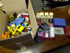 TWO SMALL BOXES OF TOY CARS TO INCLUDE DAYS GONE, MATCHBOX, DINKY, CORGI ETC