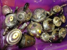 A LARGE BOX OF PLATED SILVER TEA / COFFEE POTS ETC.