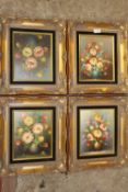 A SELECTION OF FOUR SMALL GILT FRAMED MODERN STILL LIFE OIL ON BOARD - OVERALL SIZE 40CM X 34CM