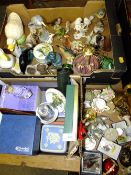 THREE TRAYS OF ASSORTED CERAMICS ETC. TO INCLUDE A WATERFORD CRYSTAL MODEL OF A BIRD, PLANT POT ASH