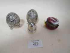 A CRANBERRY GLASS STYLE MARY GREGORY TYPE PILL BOX, TOGETHER WITH A SILVER PEPPERETTE AND A PAIR OF