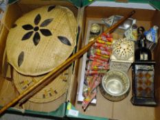 A BOX OF MODERN LANTERNS, CANDLE HOLDERS, A MODEL SHIP MADE FROM COCA COLA CANS, A FIJIAN WOVEN CUS