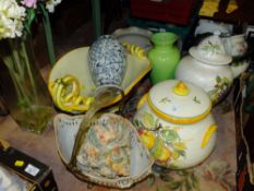 A SELECTION OF LARGE OVERSIZED CERAMICS TO INCLUDE VASES, BASKETS ETC., TOGETHER WITH A LARGE GLASS