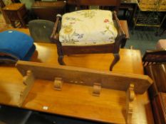 AN EDWARDIAN INLAID PIANO STOOL TOGETHER WITH A HEAVY PINE SHELF L-126 CM (2)