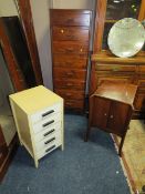 A VINTAGE TALL SET OF PLY SHELVES H-144 CM TOGETHER WITH A SMALLER PAINTED CHEST AND A SMALL MAHOGA