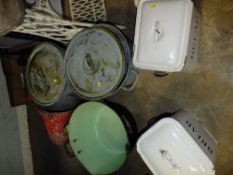 A SELECTION OF METAL AND ENAMEL POTS ETC