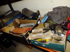 THREE TRAYS OF MIXED HAND TOOLS AND PARTS ETC PLUS THREE TOOL BOXES